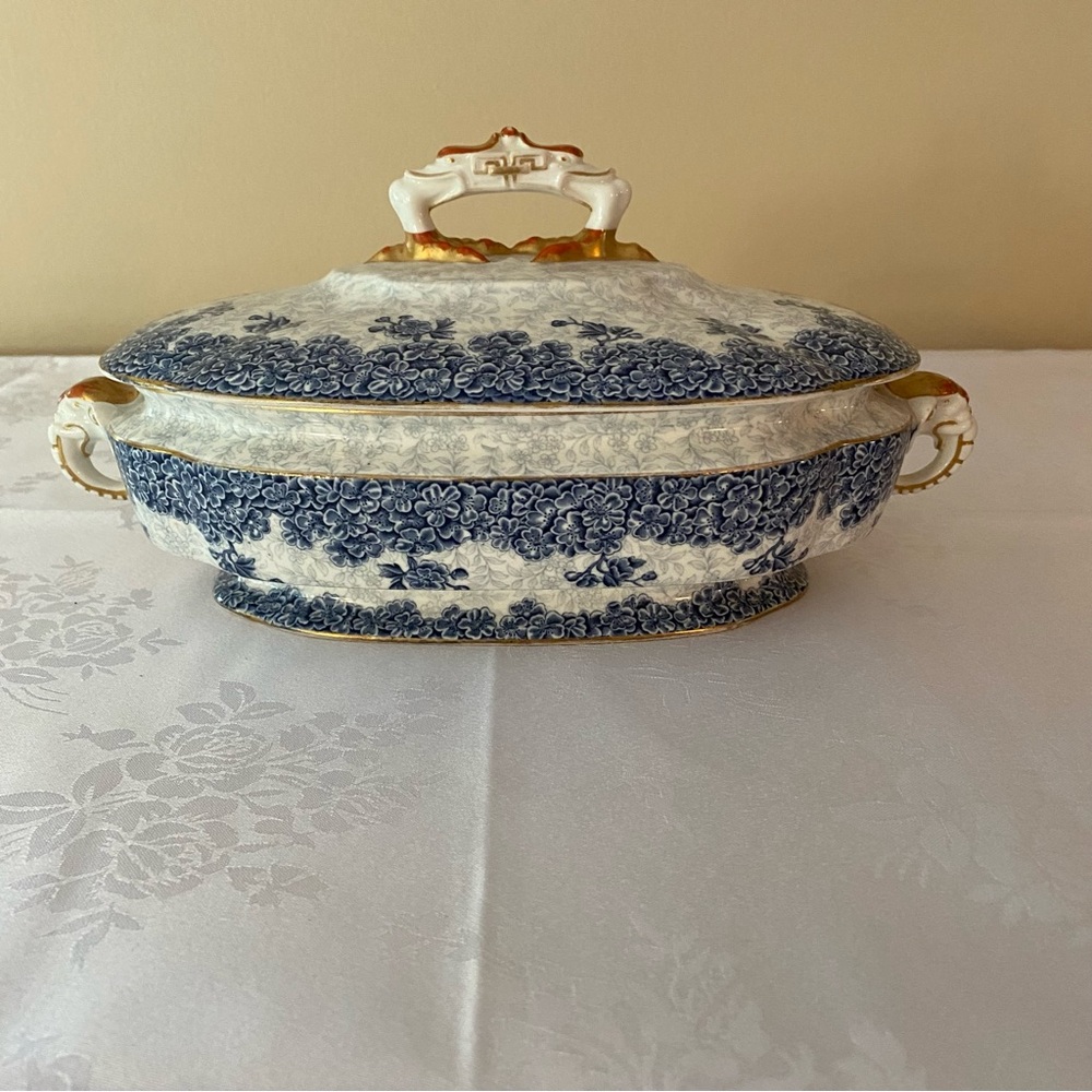 Royal Worcester W2297 68547 Oval Covered Serving Dish Blue Floral Gold Trim 1890 - Picture 1 of 11